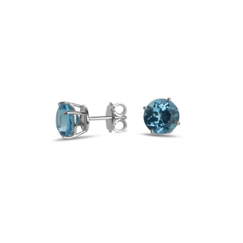 Stud pierced earrings 18 carat White Gold with circular blue topaz
