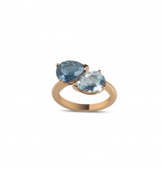 Anillo oro rosa 18 quilates 2 Topacios azul London y Sky talla pera