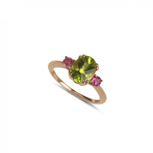 Anell en or rosa 18 quirats amb 1 Peridot i 2 Turmelines circulars