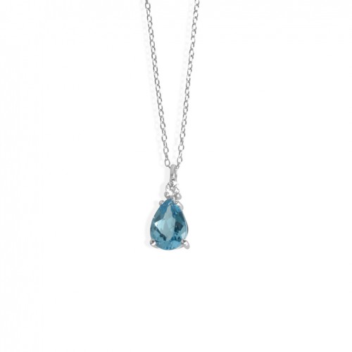 Colgante oro blanco 18 quilates y diamante Topacio azul Sky talla pera