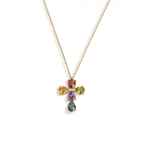 18 carat rose gold flower-shaped pendant diamonds and colourful gems