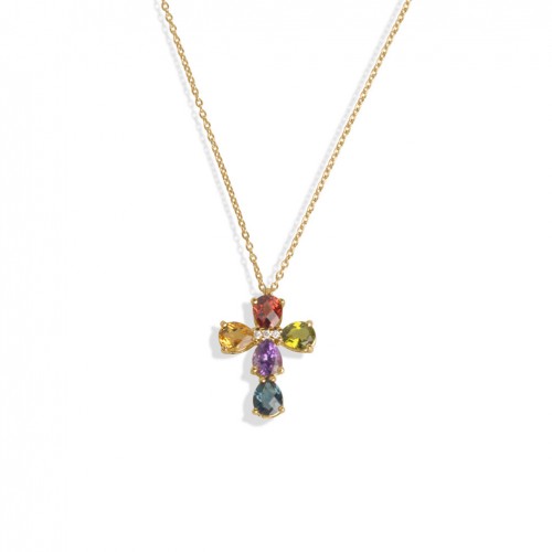 Colgante forma flor oro rosa 18 quilates diamantes y gemas de colores