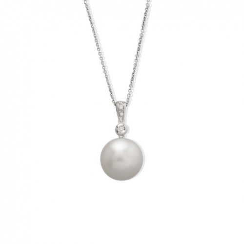 Colgante en oro blanco 18 quilates con perla Rd 13 mm y 4 diamantes