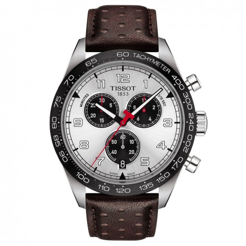 Tissot PRS 516 chronograph brown leather silver dial T1316171603200