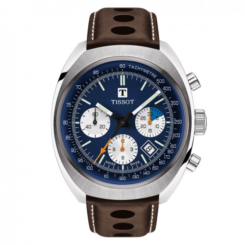 Tissot Heritage 1973 watch blue dial brown leather strap T1244271604100