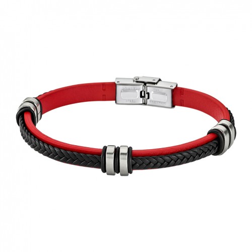 Pulsera Lotus Style hombre acero cuero negro y rojo LS1829-2/3