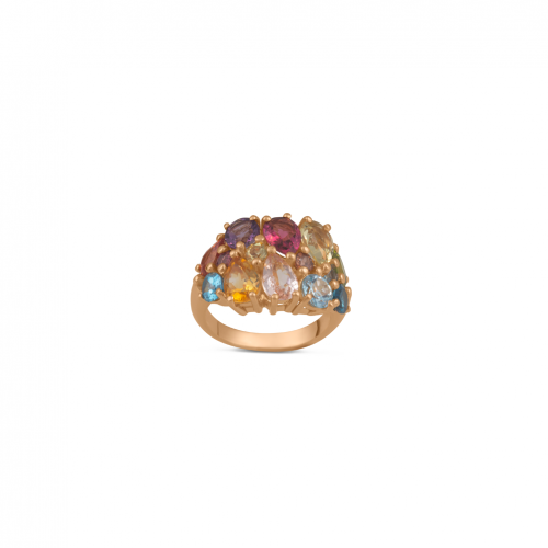 18-carat rose gold ring with 14 multicolored semi-precious stones