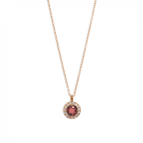 Collar oro rosa 18 quilates con colgante circular rodolita y diamantes