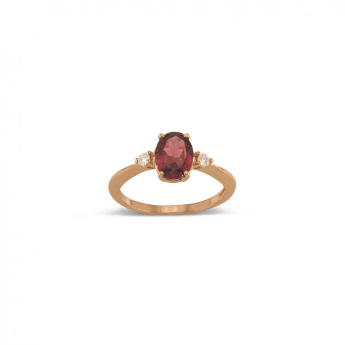 18 carat rose gold ring with oval rhodolite and 2 diamonds