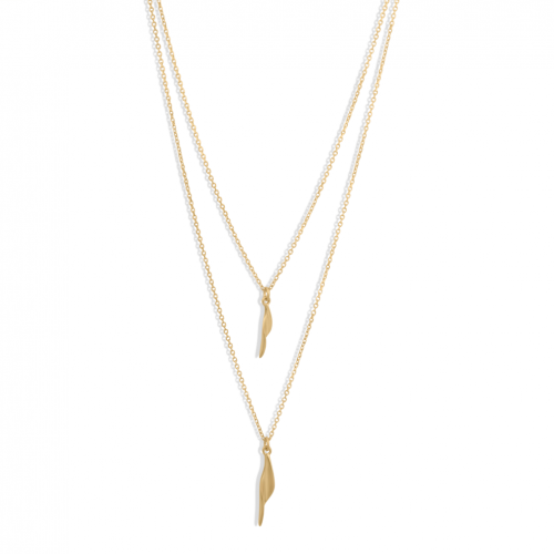 18 carat yellow gold necklace with two feather shaped pendants