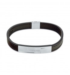 Pulsera Calvin Klein Grid hombre piel marrón y chapa con logo 35000057