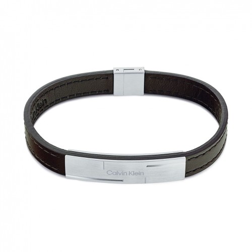 Pulsera Calvin Klein Grid hombre piel marrón y chapa con logo 35000057