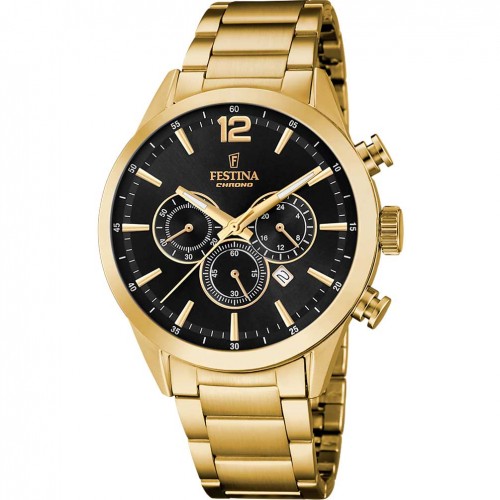 Reloj Festina hombre cronógrafo acero oro dorado esfera negra F20633/3