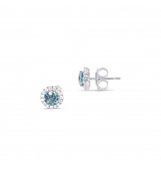 18 carat white gold earrings with a blue swiss topaz and 30 diamonds