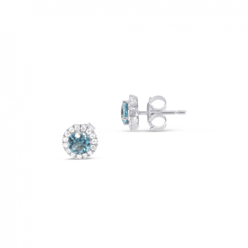 18 carat white gold earrings with a blue swiss topaz and 30 diamonds