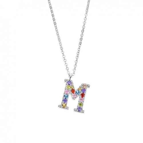 Lotus Silver letter M necklace with multicolored zircons LP3426-1/M