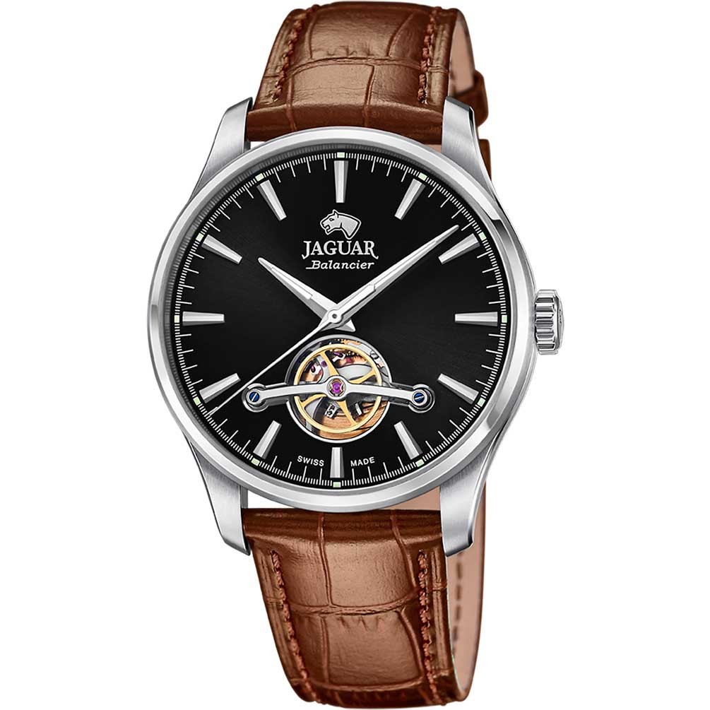Jaguar J966/5 men\'s watch leather strap automatic black dial brown