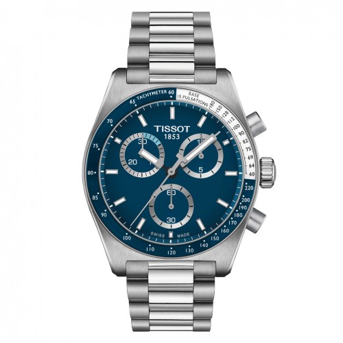Tissot PR516 chronograph watch T1494171104100 blue dial steel bracelet