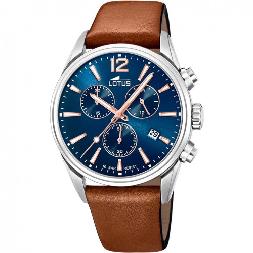 Reloj Lotus Chrono hombre esfera azul correa piel marrón 18691/2