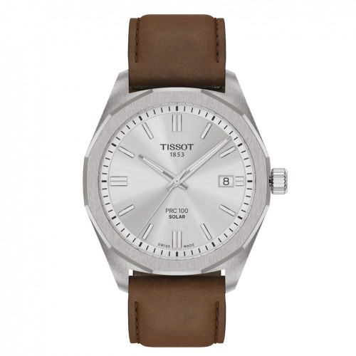 Tissot PRC100 Solar Quartz 39mm silver dial leather strap T1514221603100