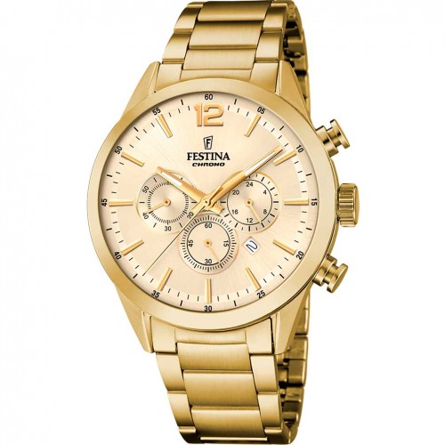 Festina men Chronograph watch gold tone steel gold dial F20633/4