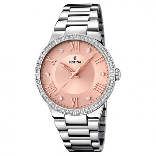 Woman Festina watch zirconia pink dial F16719/3 polished steel bracelet