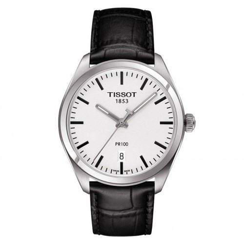Reloj Tissot correa de piel negra esfera plata PR 100. T1014101603100