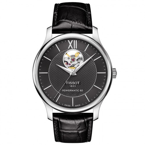 Tissot Tradition Powermatic 80 Open Heart black leather strap T0639071605800