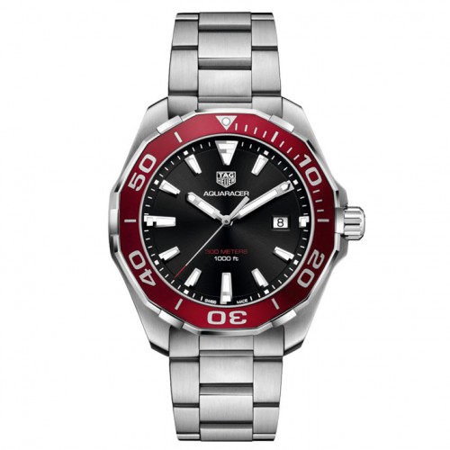 Aquaracer Tag Heuer WAY101B.BA0746 bisel rojo esfera negra diámetro 43 mm