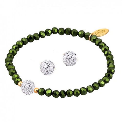 Lotus Silver Bracelet with green stones and earrings set LP1237-2/2