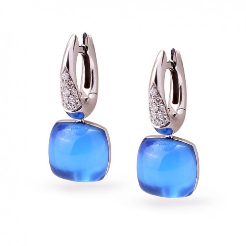 Hoop earrings with brilliant cut diamonds and blue topaz