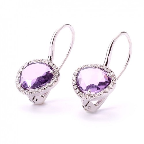 Amethyst earrings with brilliant cut diamonds and 18 carat white gold