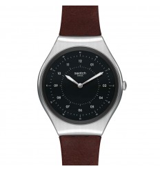 Swatch Skin Irony SYXS102 SKINBRUSHED Esfera negra correa cuero marrón