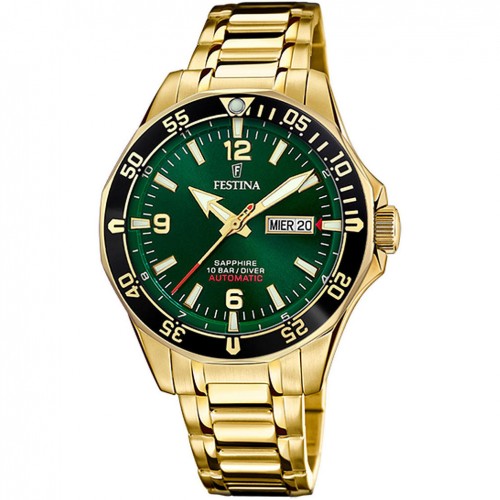 Festina Automatic Diver watch Day Date Green Gold plating F20479/3
