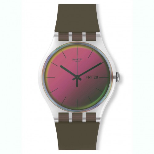 Swatch New Gent POLARMY Pink dial green silicone strap SUOK714